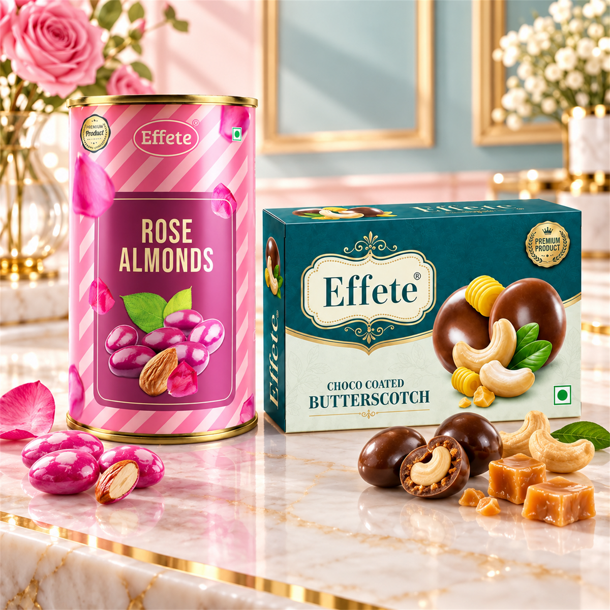 Effete Premium Rose Almonds with Choco Coated Butterscotch Treats for Festive Snacking