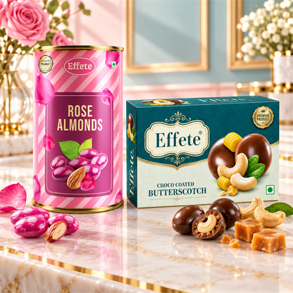 Effete Premium Rose Almonds with Choco Coated Butterscotch Treats for Festive Snacking