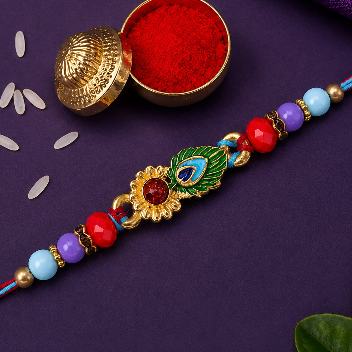 Peacock Feather Enamel Floral Stone Crystal Beads Designer Rakhi