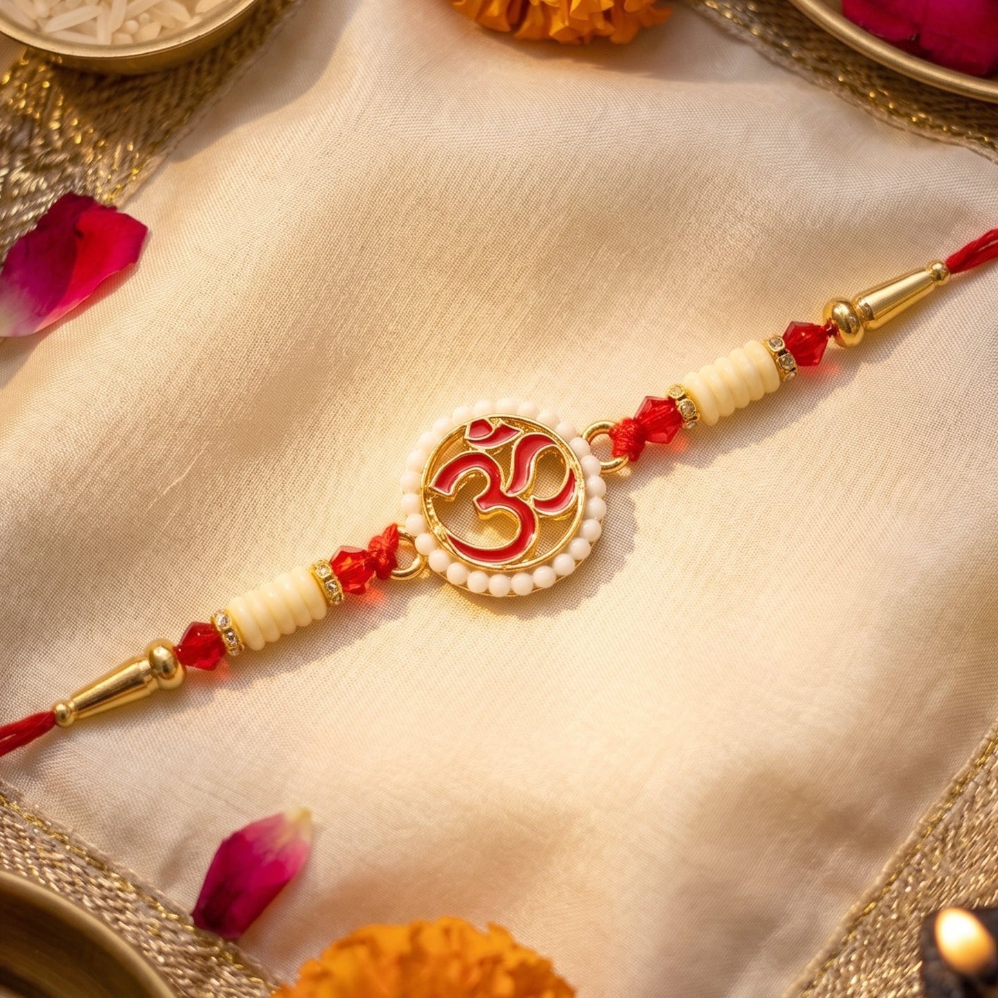 OM Symbol Pearl Frame Rakhi Elegant Traditional Design for Raksha Bandhan (10pcs)