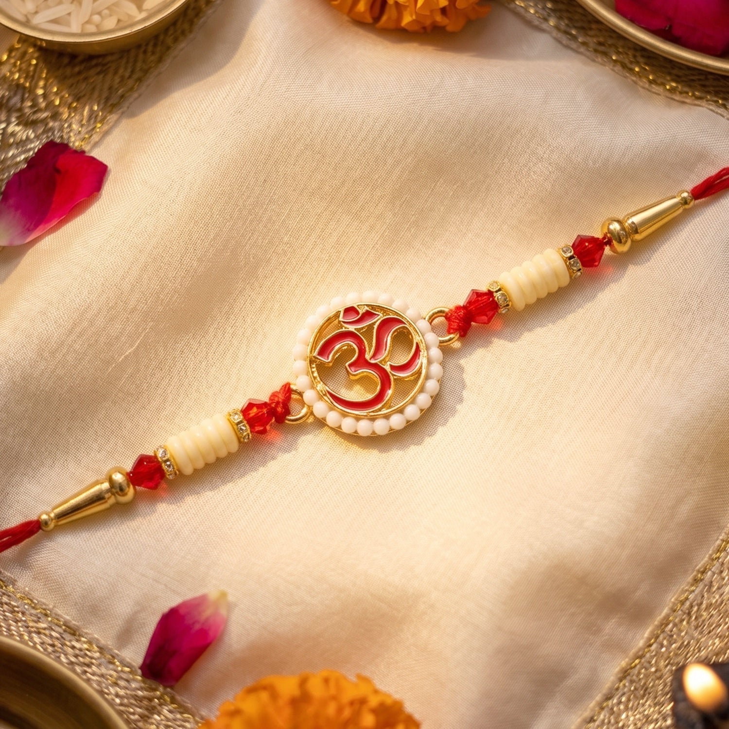 OM Symbol Pearl Frame Rakhi Elegant Traditional Design for Raksha Bandhan (10pcs)