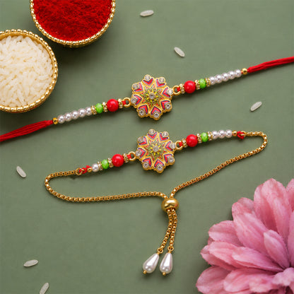 Bhaiya Bhabhi Floral Meenakari Rakhi & Pearl Drop Lumba Combo Set Gift