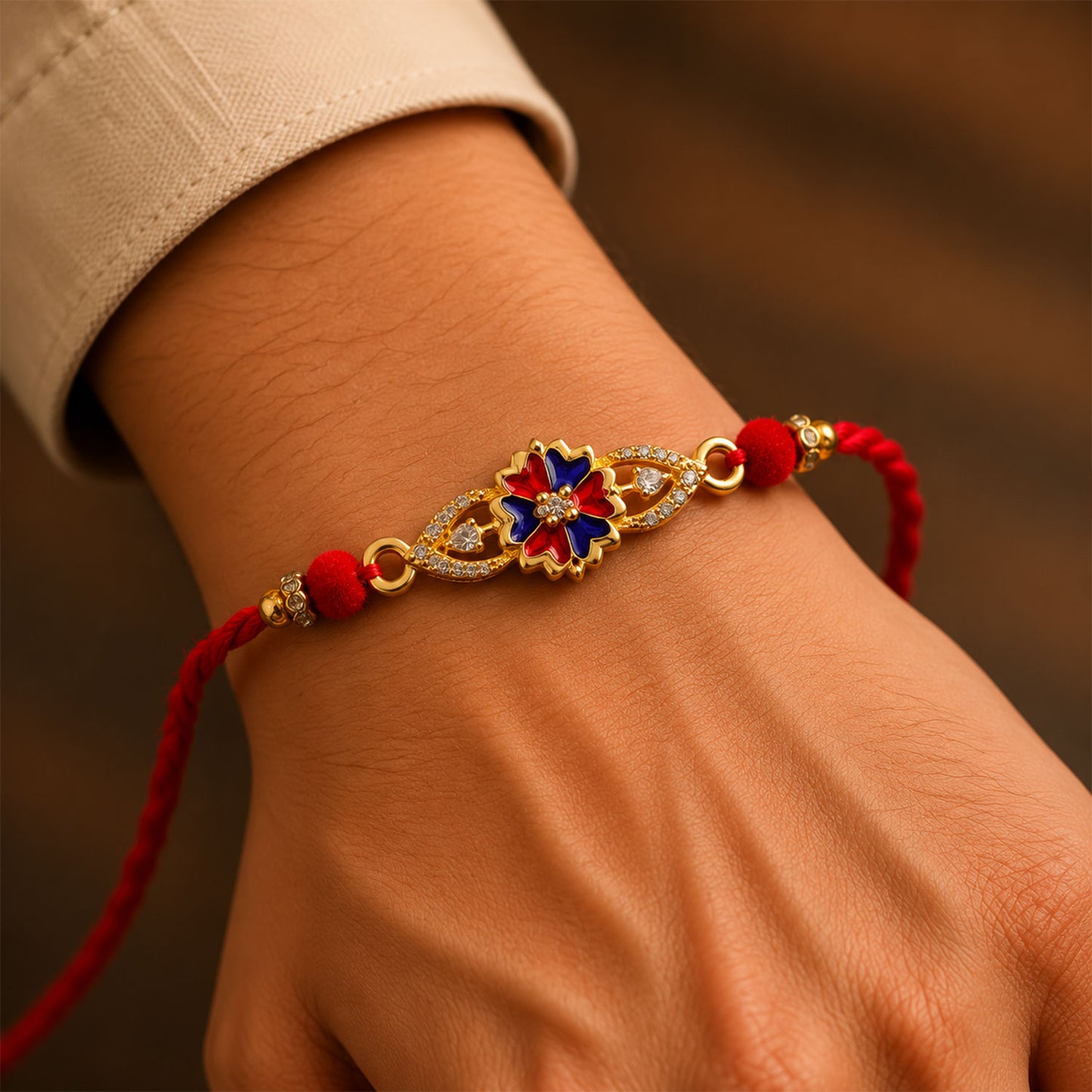 Blue & Red Meenakari Floral Designer Rakhi for Brother, AD Stones Gift