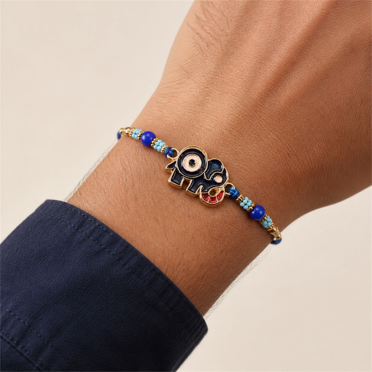 Elephant Motif Nazar Evil Eye Enamel Blue Bead Rakhi