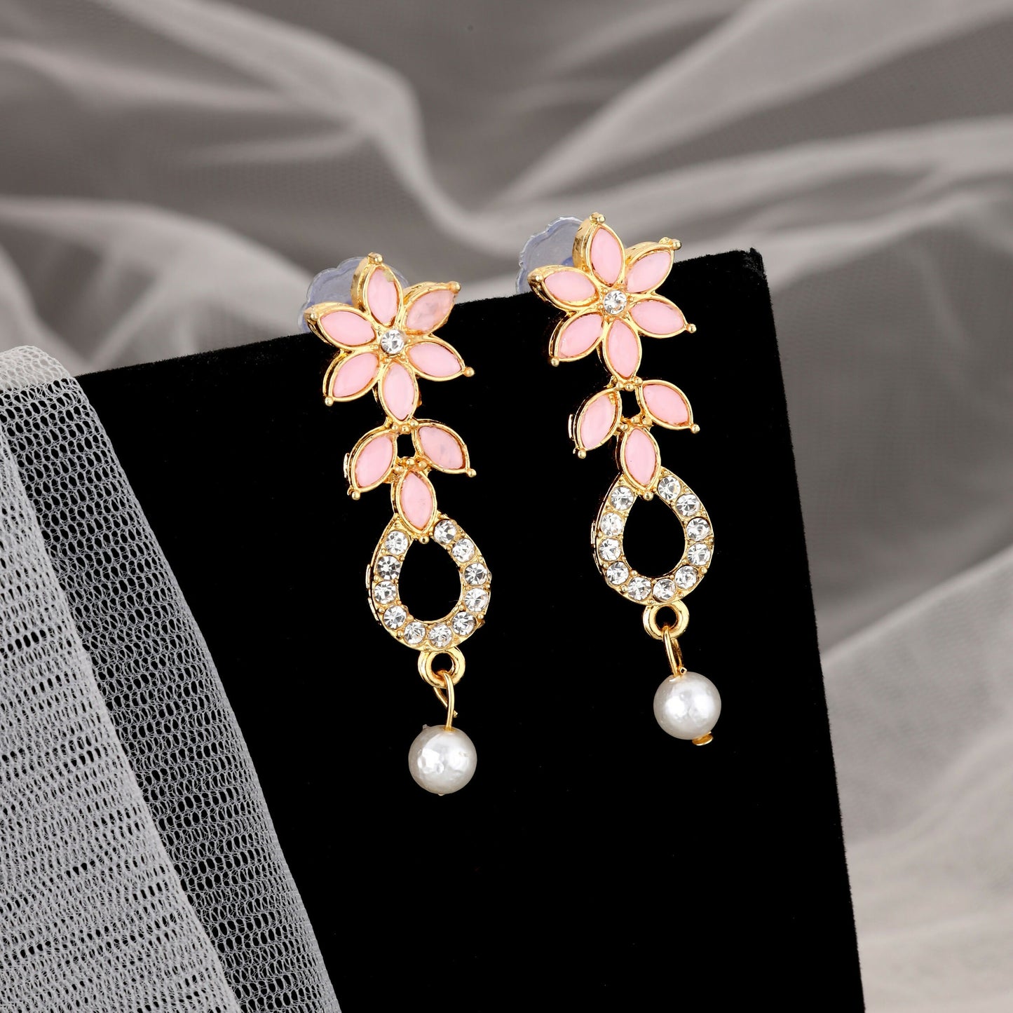 Delicate Baby Pink Floral & Crystal Necklace Set with Pearl Drop