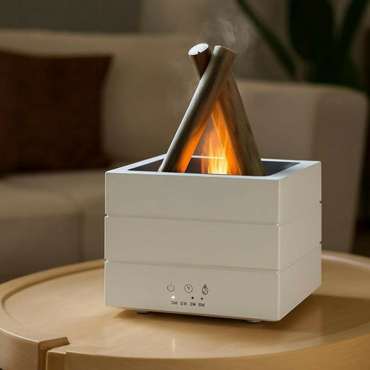 White Campfire Flame Aroma Diffuser 280ml with Simulated Fire & Timer Modes