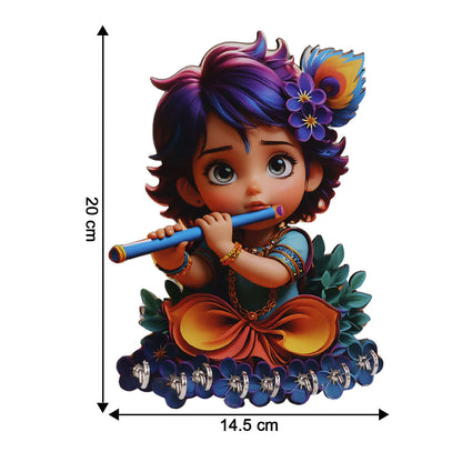 Top view of Krishna themed wooden key rack with hooks