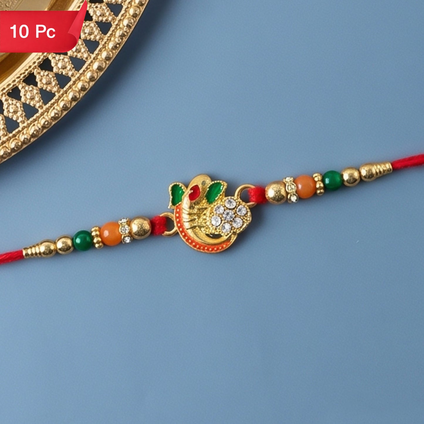 Om Rakhi for Brother Traditional Multicolor Beads on Red Thread (10pcs)