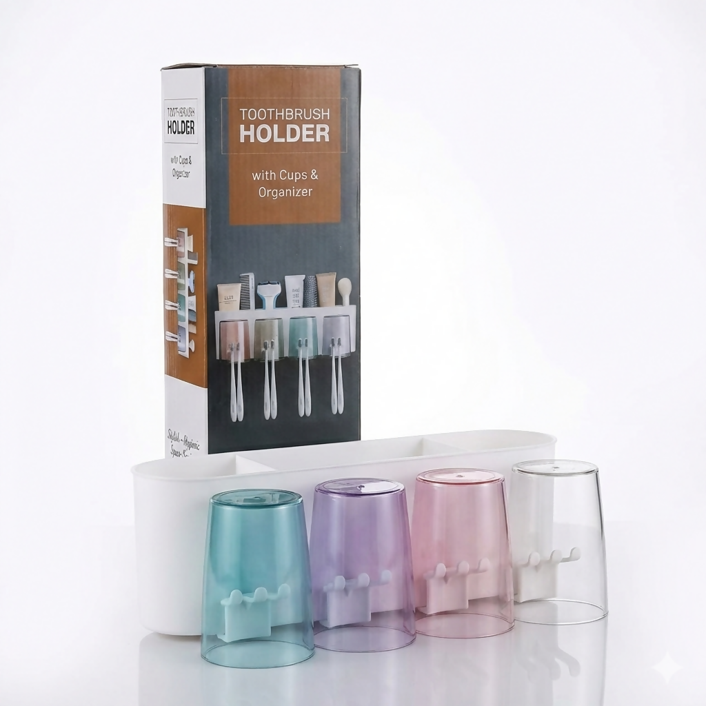 Toothbrush Holders & Storage Rack with 4 Cute Cartoon Cups