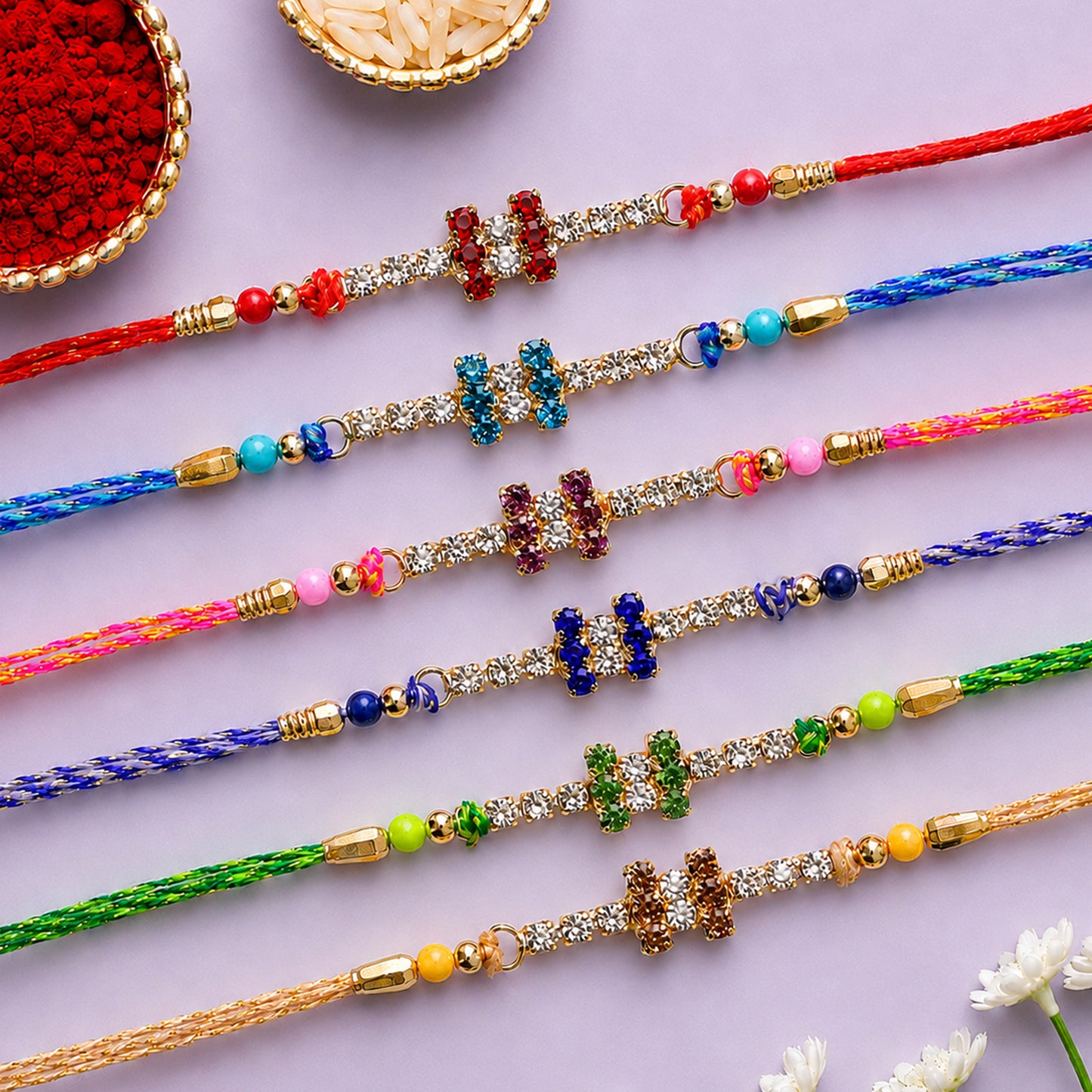 Bold Twin Stone Bar Rakhi with AD Sparkle for Brother (Pack of 6)