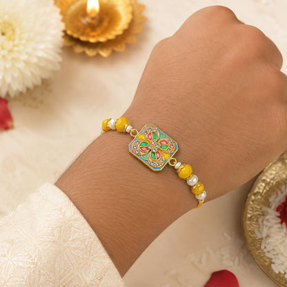 Square Meenakari Floral Studded Crystal Pearl Beads Bhai Bhabhi Rakhi Lumba Set