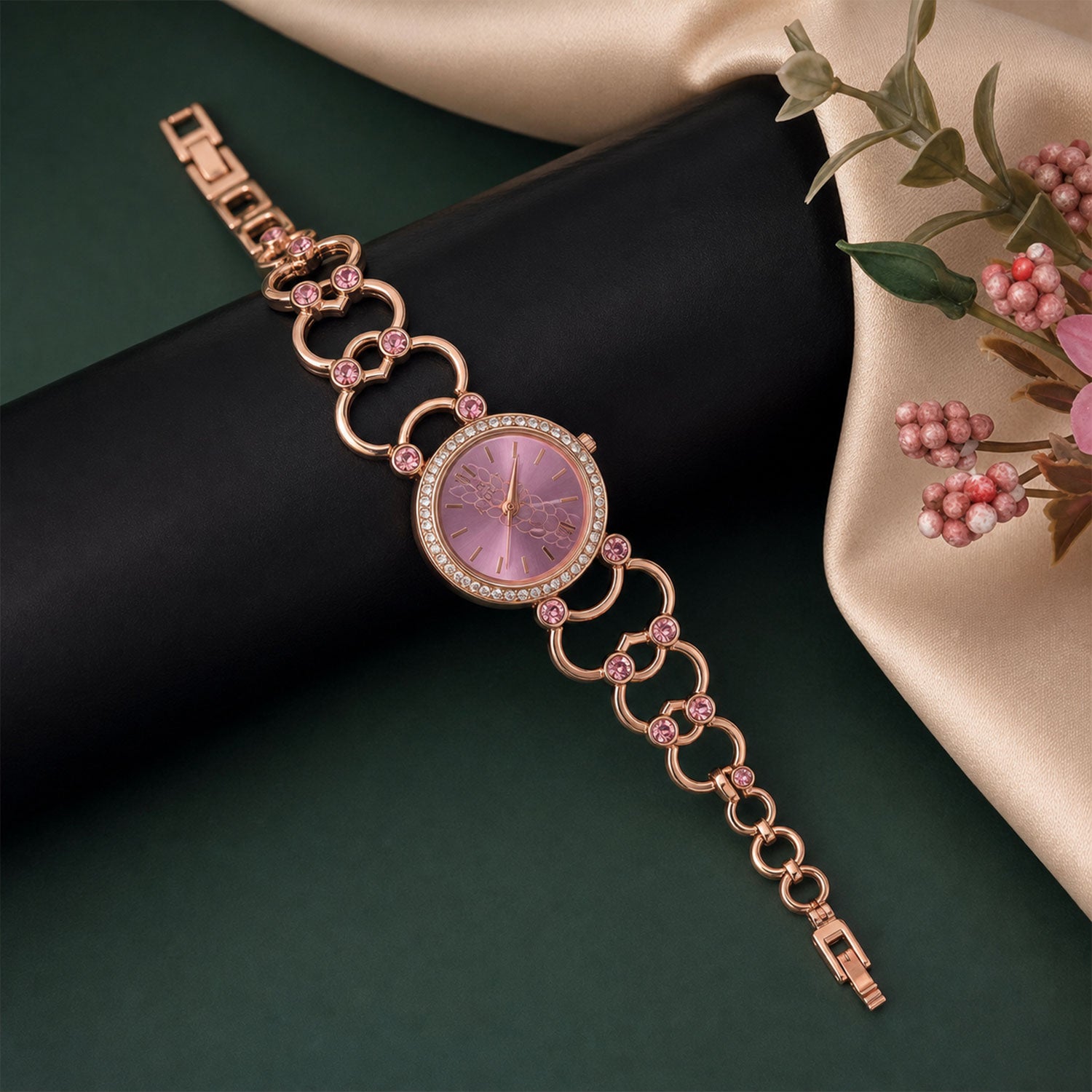 Rose Gold Round Shape Dial Watch with Crystal Bracelet Style Strap for Women