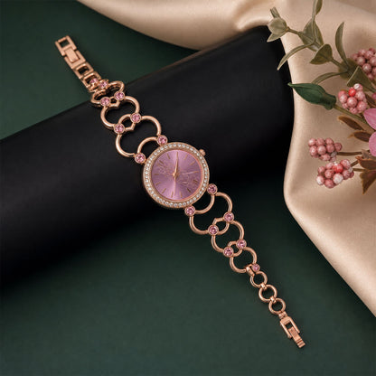 Rose Gold Round Shape Dial Watch with Crystal Bracelet Style Strap for Women