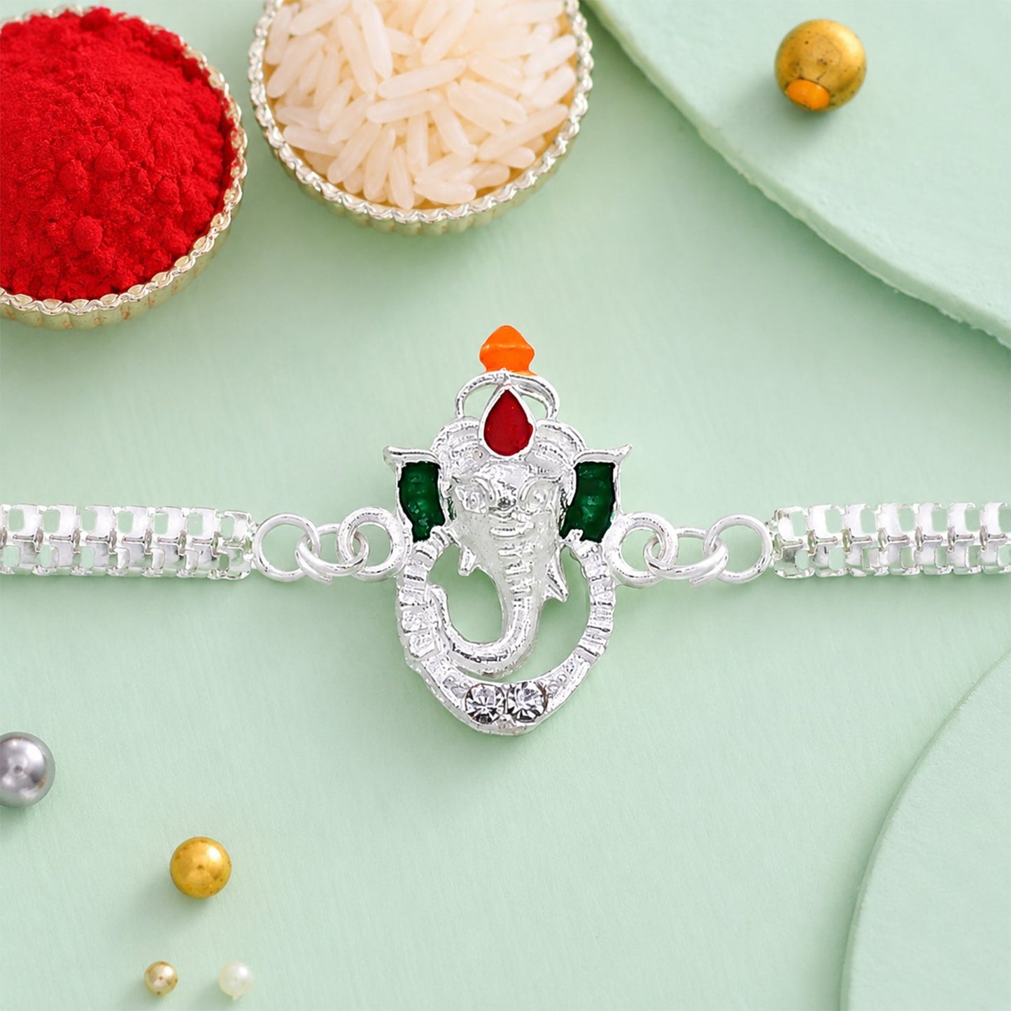 Ganesha Rakhi Stylish Enamel & Silver Chain for Brothers (5pcs)