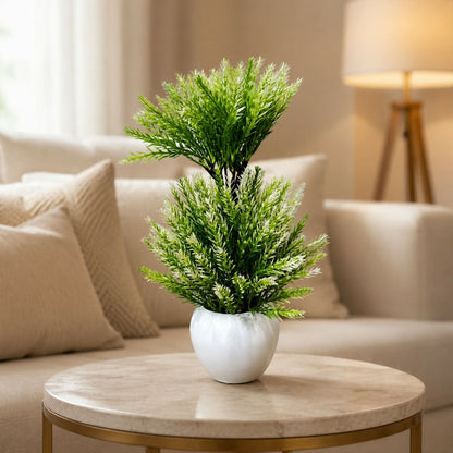 Artificial Mini Pine Plant Decorative White Pot Home Office Table Centerpiece Decor