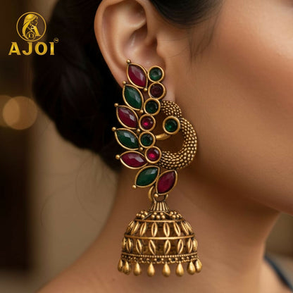 Close-up view of peacock and floral detailed oxidized silver and antique gold earrings combo