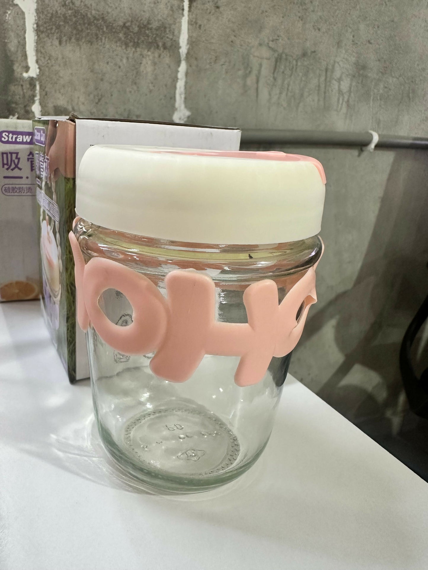 HOHO Cute Glass Milk Jar with Straw & Silicone Lid | 350ml Leakproof Reusable Smoothie Cup | Aesthetic Mason Jar Tumbler for Kids & Adults | Iced Coffee, Juice & Milkshake Cup | 12cm x 7cm | Pastel Pink