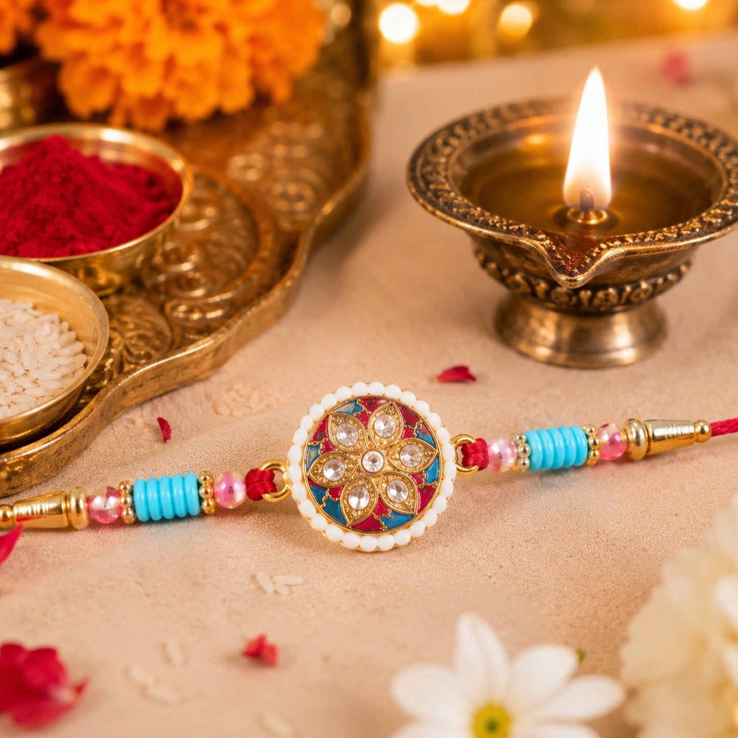 Multicolor Floral Kundan Rakhi Elegant Design for Rakshabandhan (5pcs)