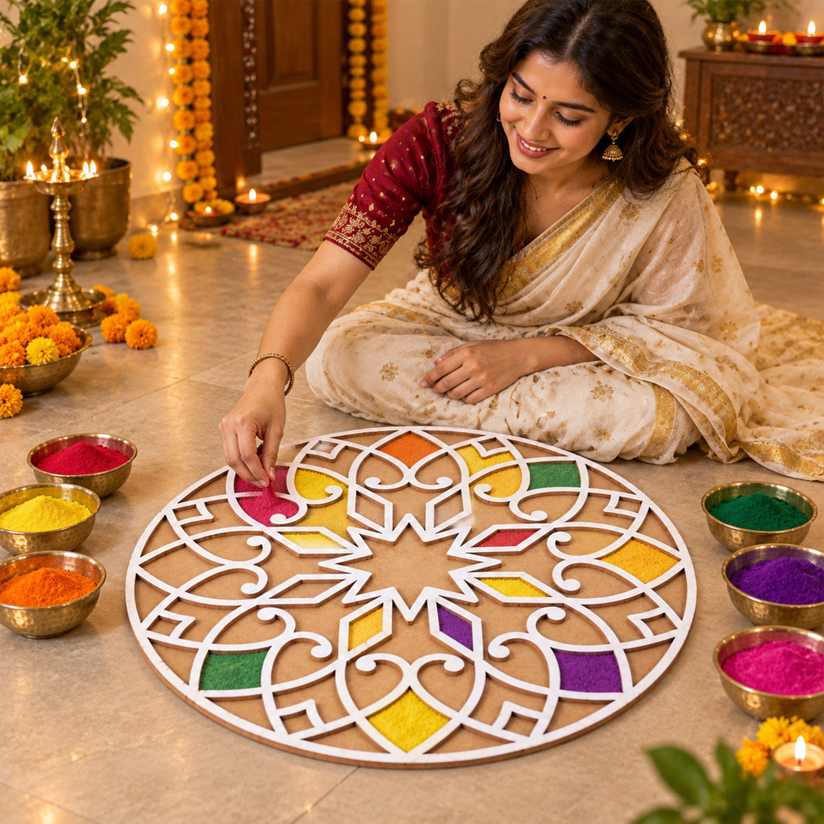 Designer Round Rangoli Stencil for Diwali, Navratri and Wedding Floor Decor