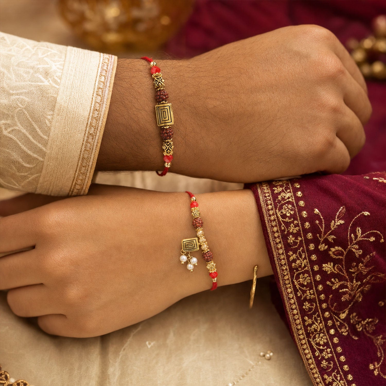 Rudraksha Geometric Rakhi Set with Pearl Lumba Charm for Festive Couple Gift Giving