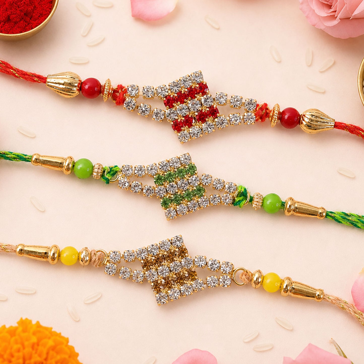 Layered Diamond Motif Rakhi in Mix Colour Threads (Pack of 6)