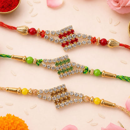 Layered Diamond Motif Rakhi in Mix Colour Threads (Pack of 6)
