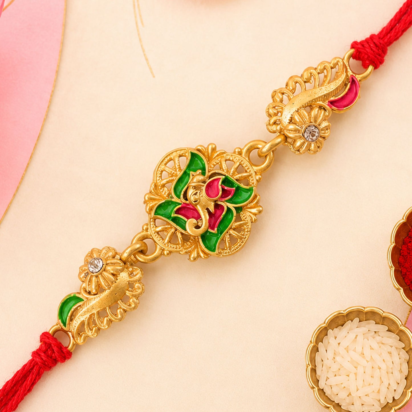 Premium Rakhi showcasing Floral Medallion, crystal accents and chain look for Gift