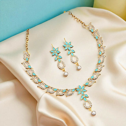 Gold-Plated Turquoise & Diamond-Look Floral Link Necklace Set