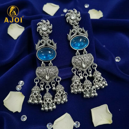Handcrafted Oxidized Silver Turquoise Stone Jhumka Earrings with Intricate Filigree Work and Multi-Drop Danglers