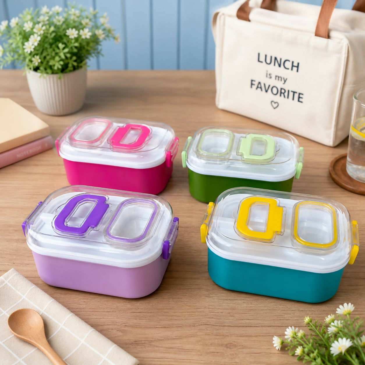 Open Mighty Lunch Box showing multi-compartments and included spoon and fork