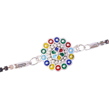 Floral Mandala Enamel Circles Beaded Silver Chain Designer Rakhi