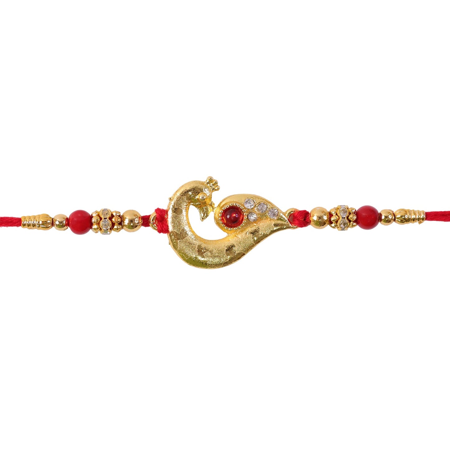 Peacock Feather Rakhi, Golden & Kundan Detailed Red Thread (5pcs)