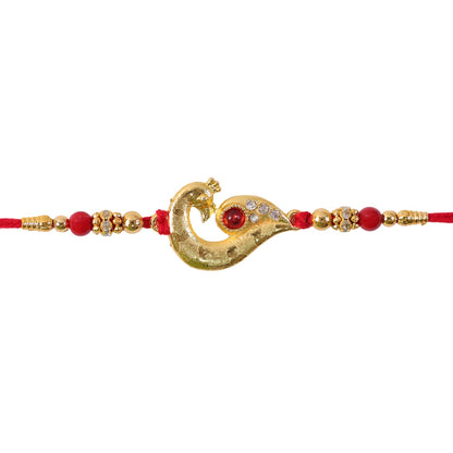 Peacock Feather Rakhi, Golden & Kundan Detailed Red Thread (5pcs)