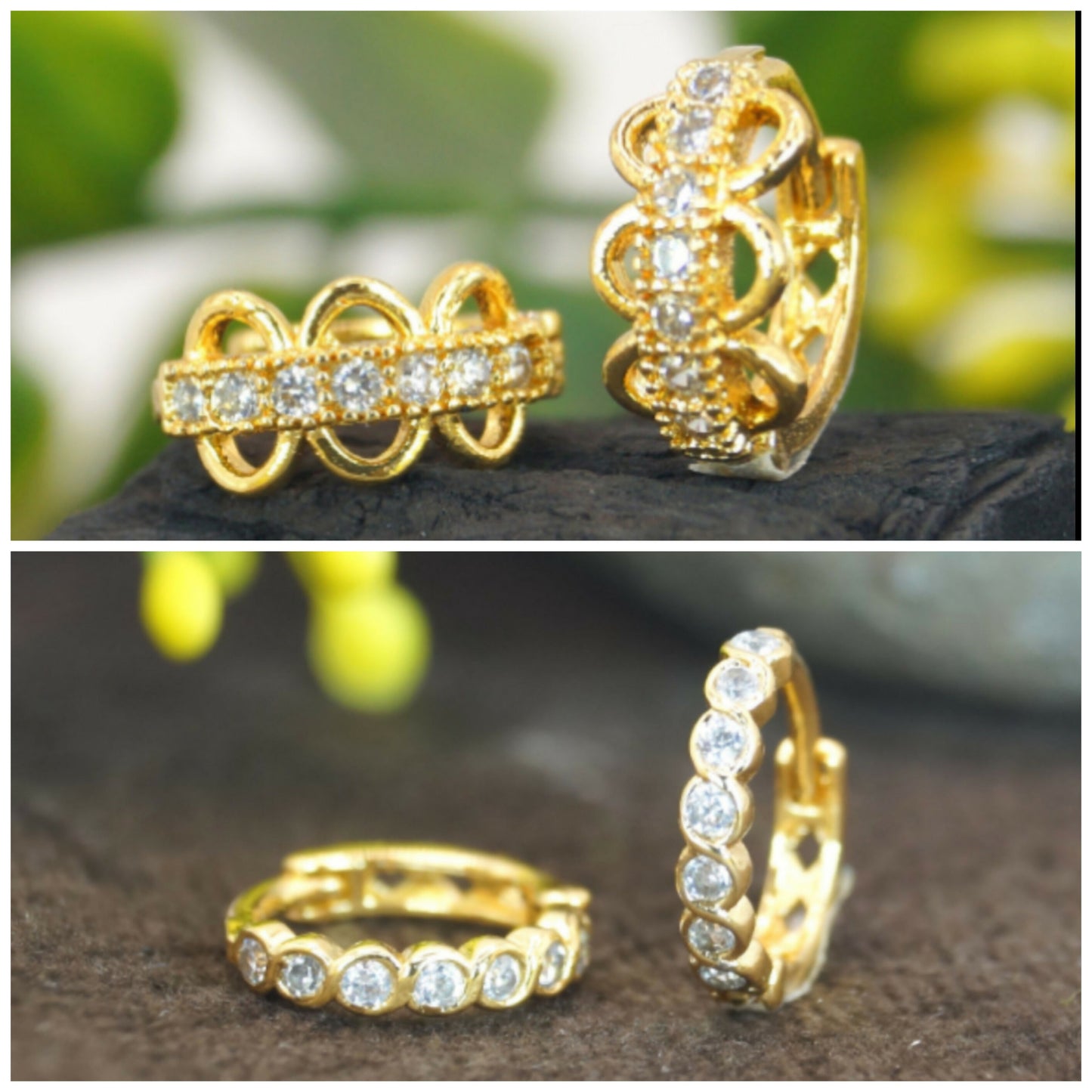 Gold plated huggie hoop earrings with double row cubic zirconia and triple dangle detail