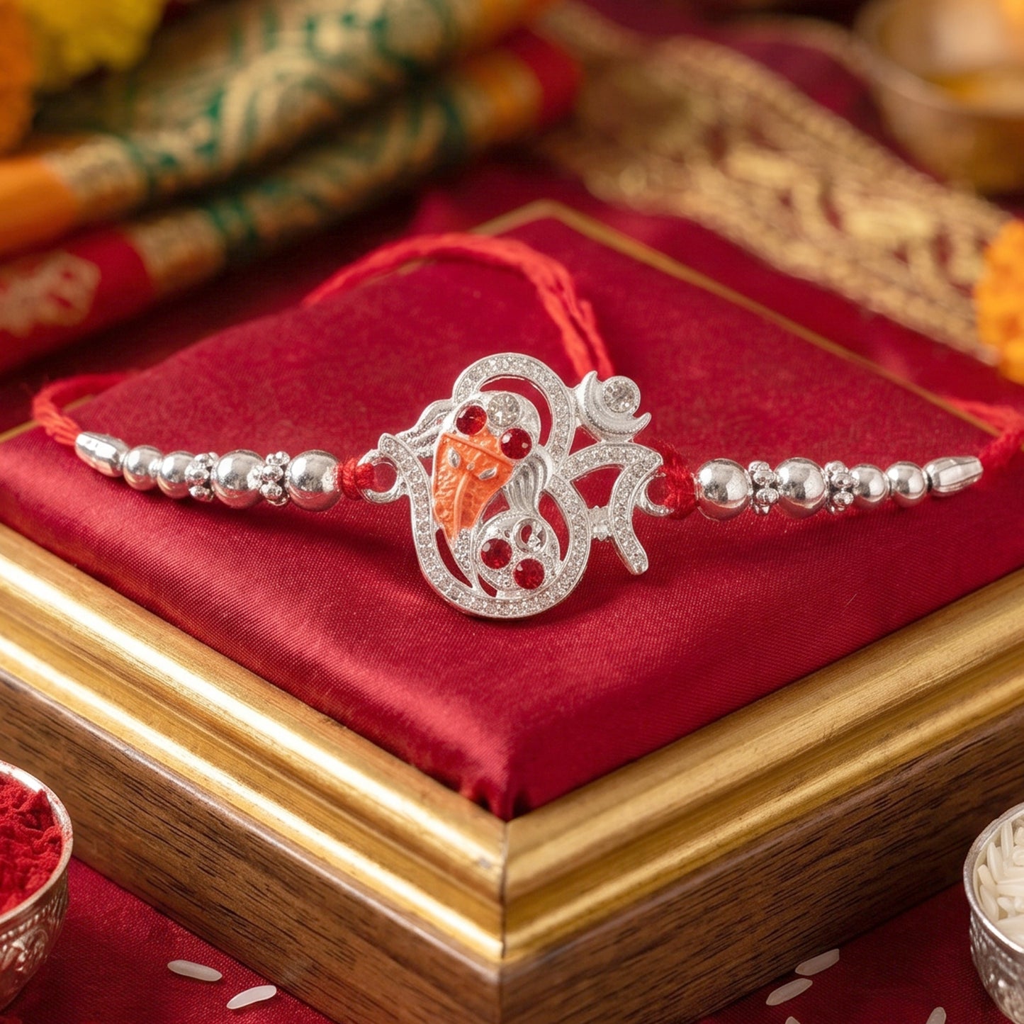 Silver Om Ganesh Rakhi with Red Stones and Metal Bead Chain
