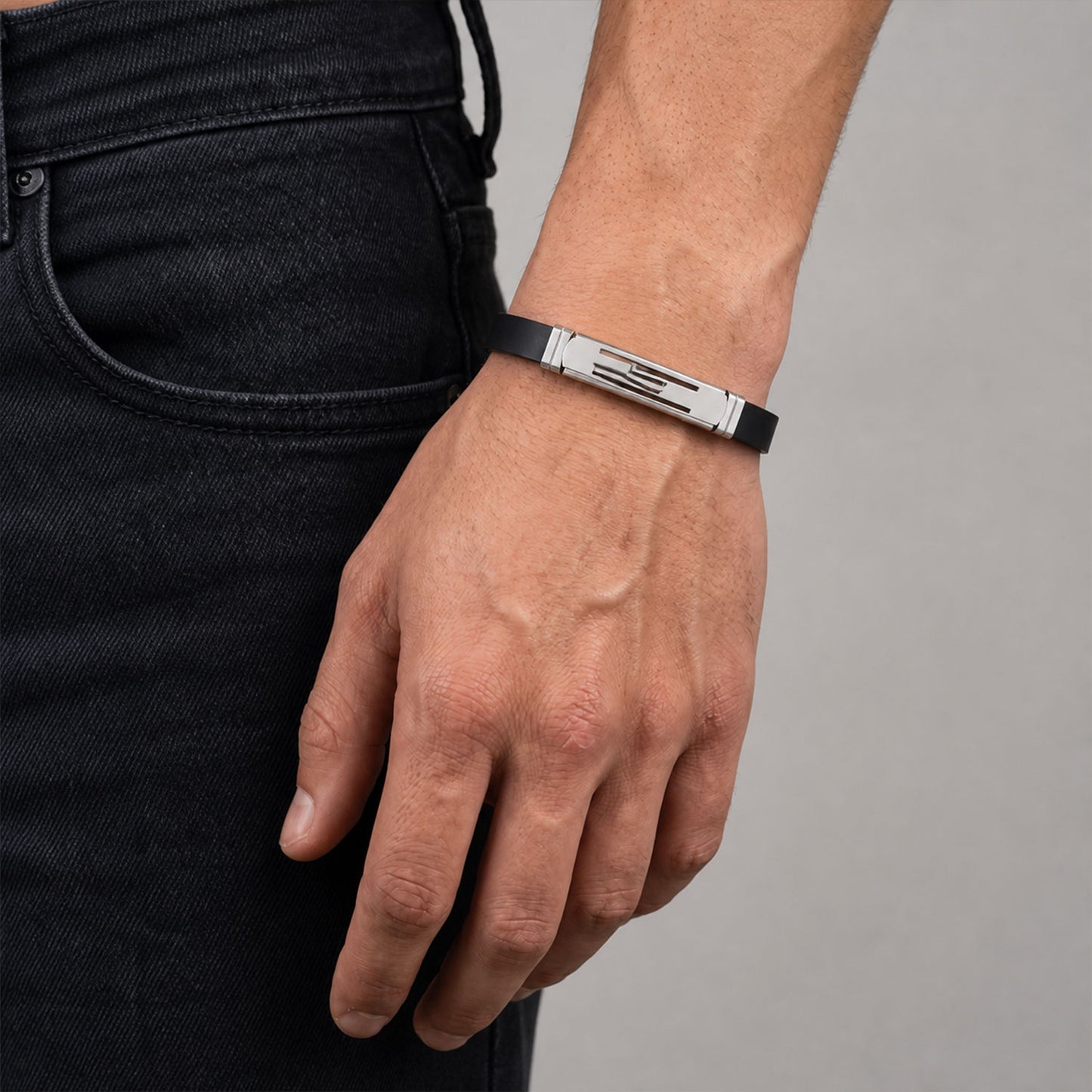 Geometric Band Rakhi with Black Strap and Silver Symbol Plate for Raksha Bandhan