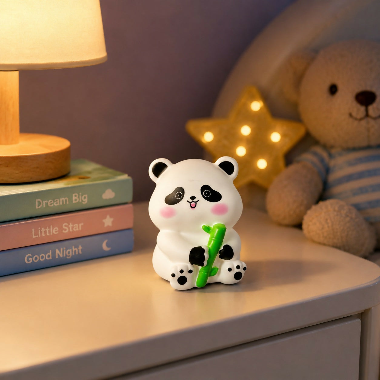 Side view of panda silicone night lamp glowing softly