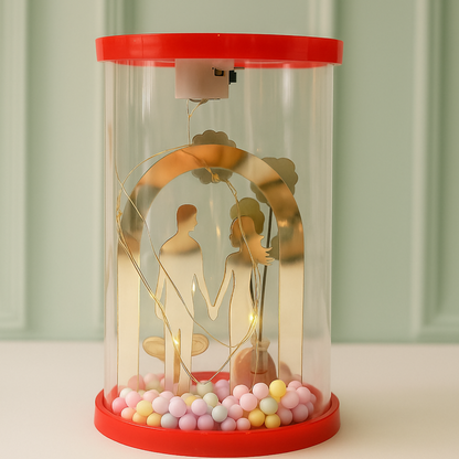 Romantic Couple Dome LED Night Lamp with Artificial Flowers & Pastel Beads | Transparent Acrylic Cylinder Gift Light | Decorative Showpiece for Bedroom, Living Room & Gifting – Warm Light, Battery Operated