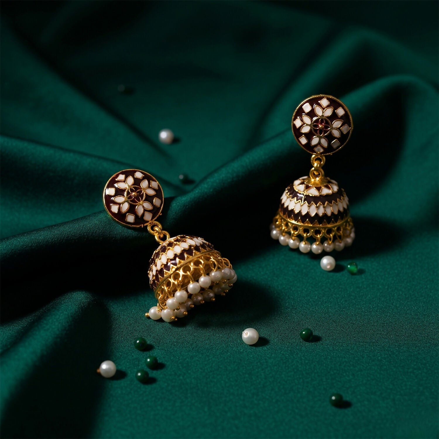 Premium Maroon Round Stud Jhumka Earrings with Pearl Beads