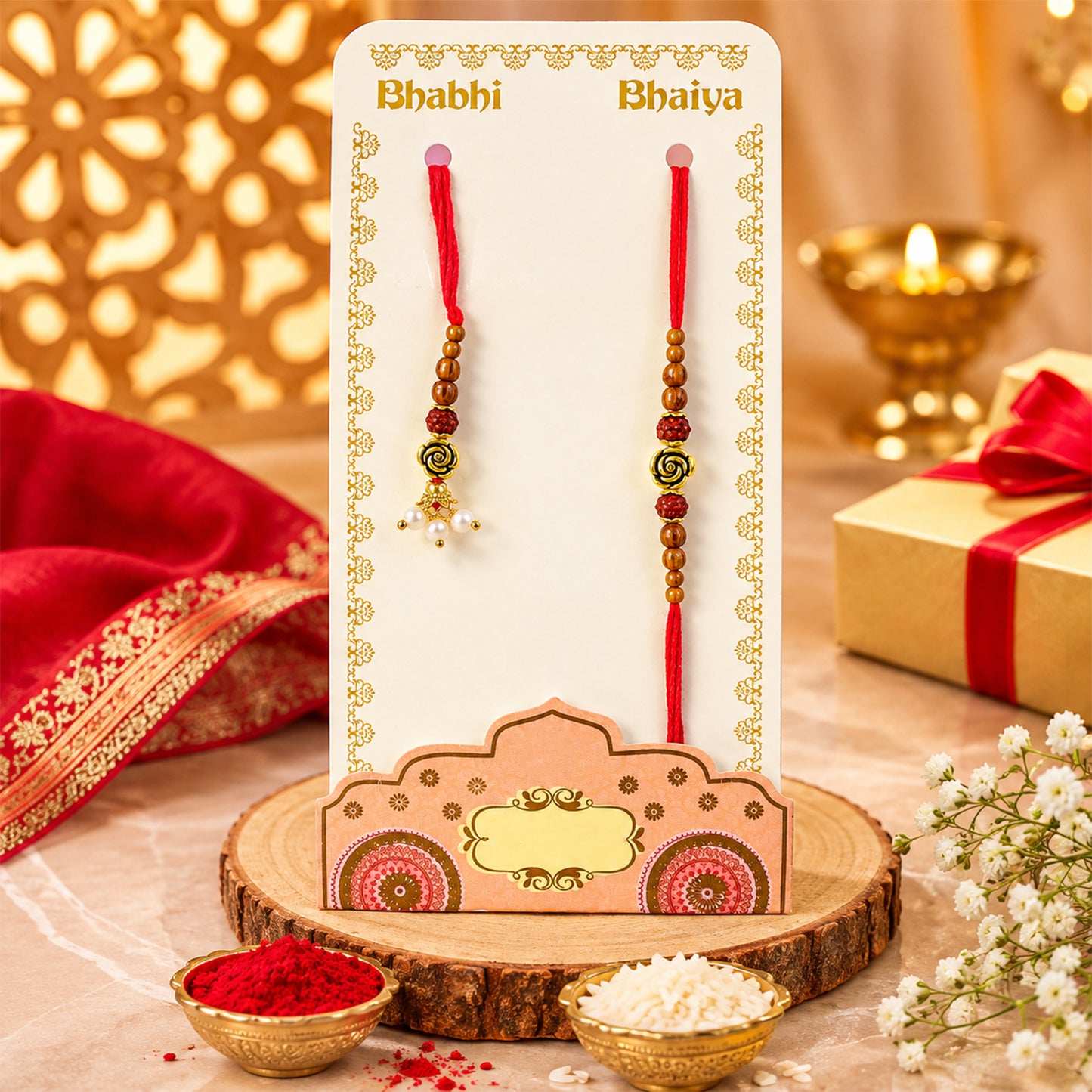 Antique Rose Couple Rakhi Set with Amber Beads and Pearl Drops for Raksha Bandhan