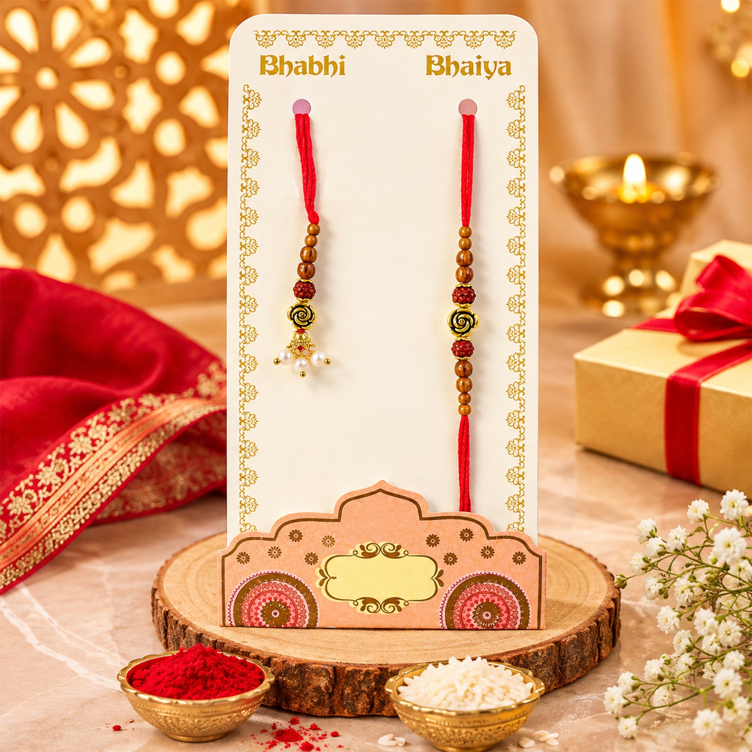 Antique Rose Couple Rakhi Set with Amber Beads and Pearl Drops for Raksha Bandhan