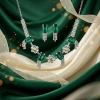 Emerald Green Rhinestone Choker Necklace & Earrings Set Silver Bridal Party Jewellery