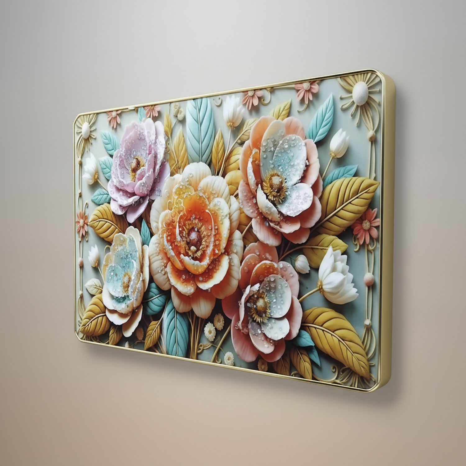 Premium 3D Floral Wall Art Panel – Luxury Golden Frame Home Decor