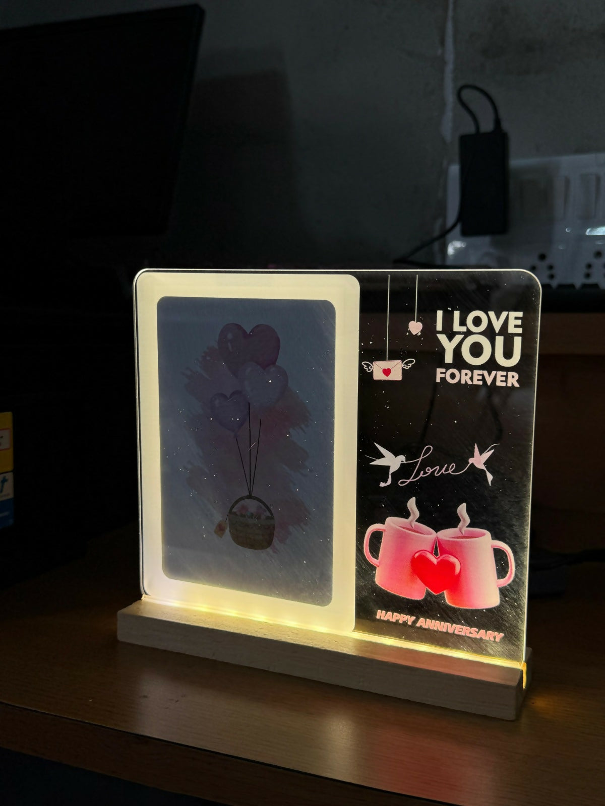 Happy Anniversary LED Acrylic Message Lamp with Wooden Base | Decorative Table Light
