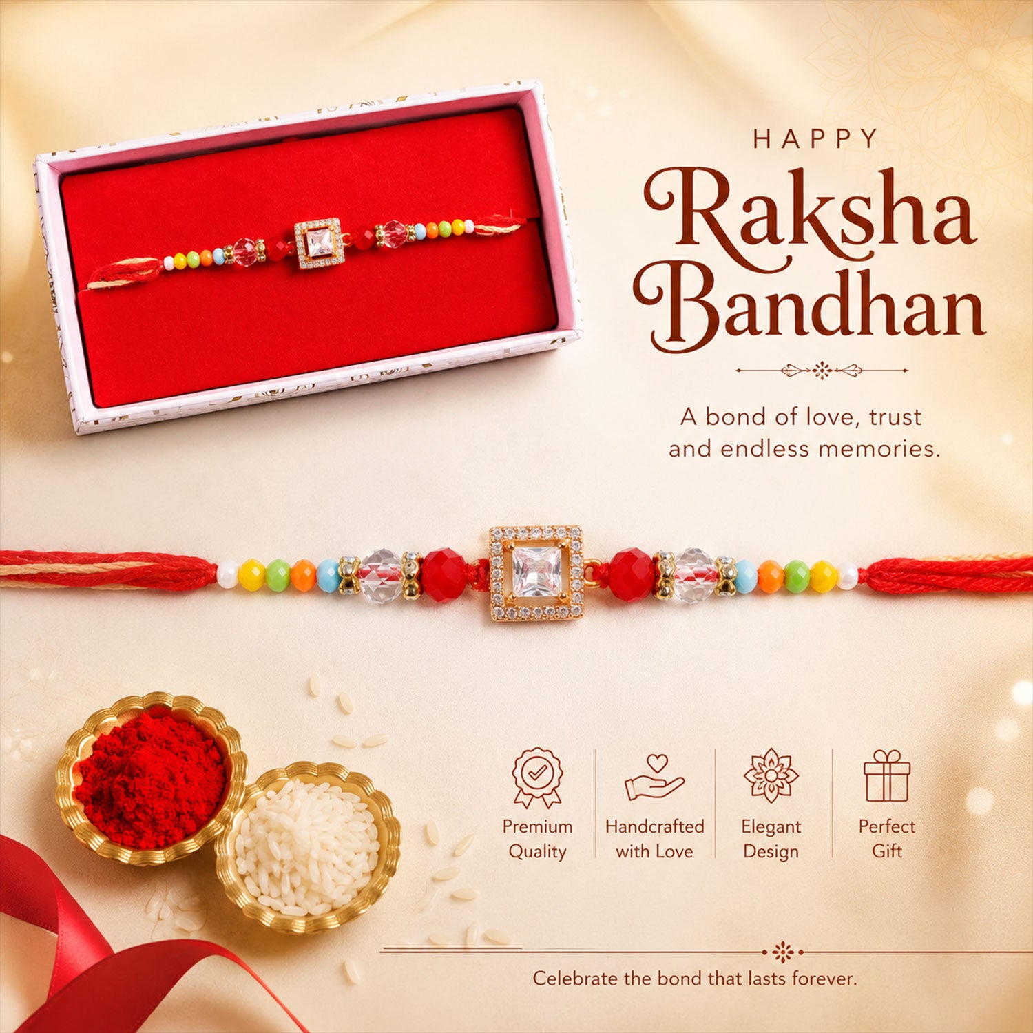 Multicolour Crystal Square Solitaire AD Stone Designer Rakhi for Brother