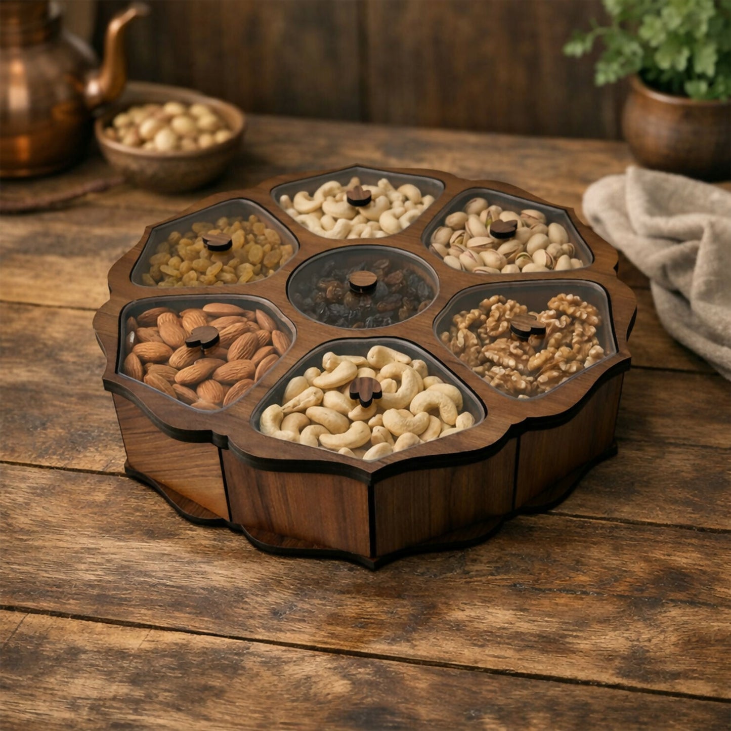 Side view showing easy-grip knobs on transparent lids of dry fruit box