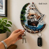 Ocean Sail Ship Wooden Key Holder (5 Hooks, Wall Mounted)