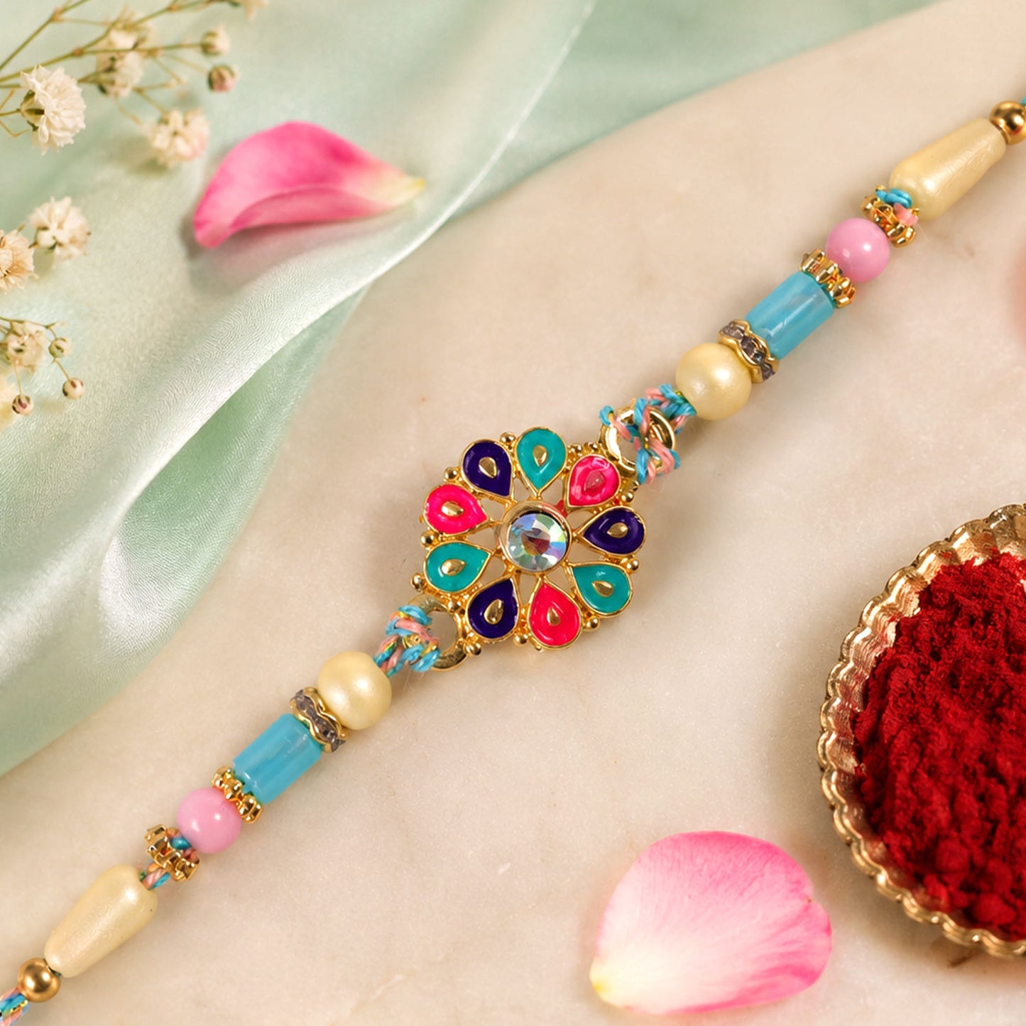 Multicolor Floral Kundan Pendant Rakhi with Pastel Beads