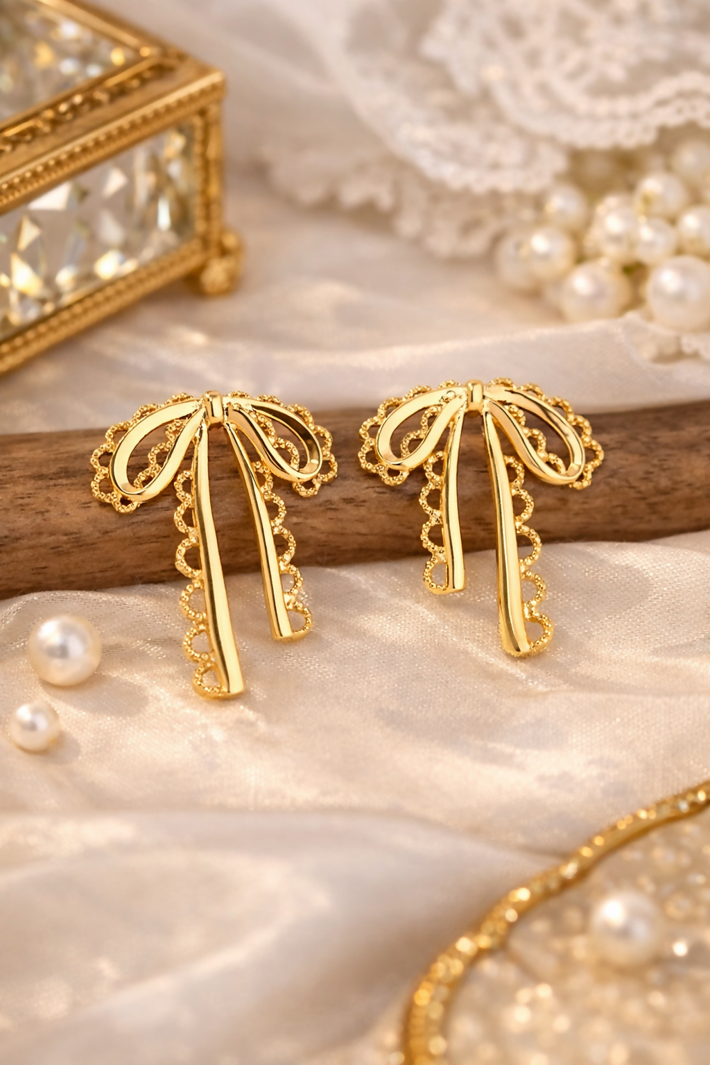 Elegant Gold Bow Drop Earrings for Women | Korean Style Designer Ribbon Earrings