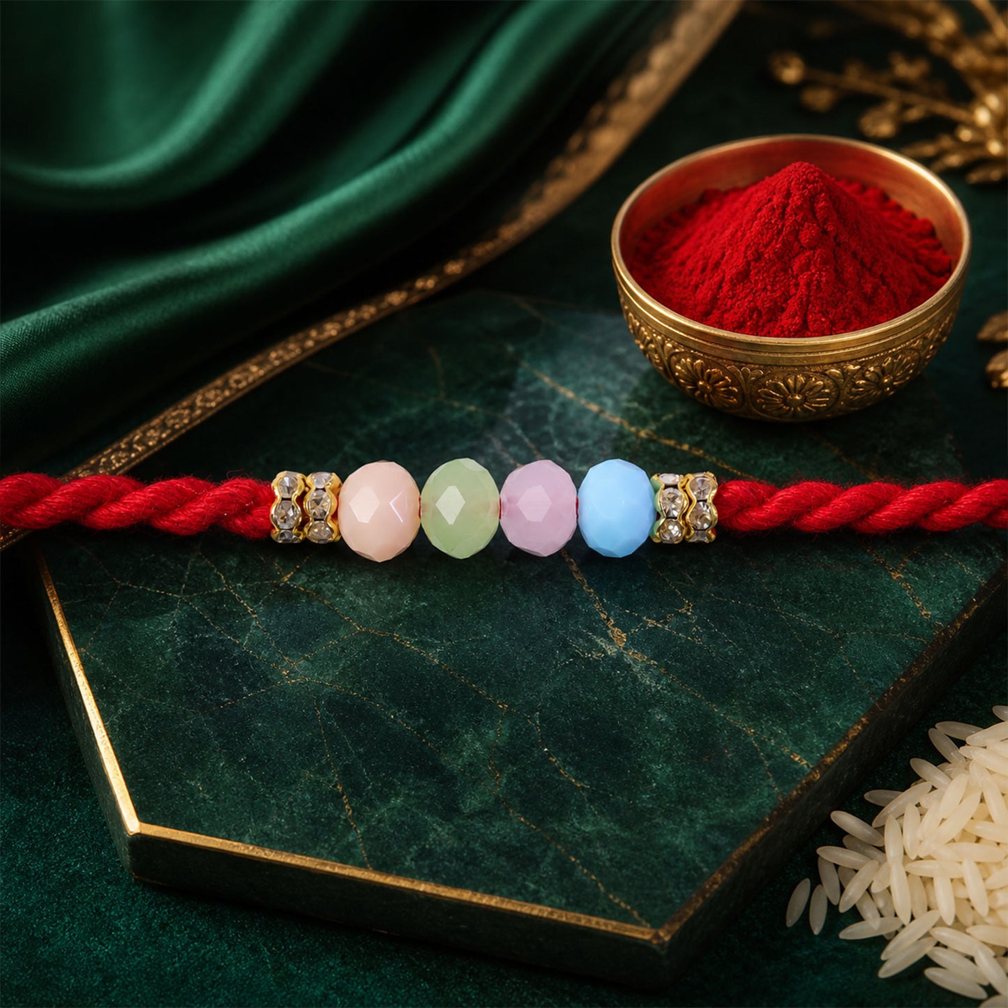Red Twisted Cord Rakhi with Soft Pastel Multicolour Bead Accents